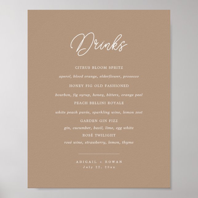 Boho-Sand-Minimalist-Script-Hochzeitsbar-Menü-Schi Poster (Vorne)