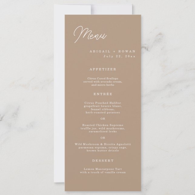 Boho-Sand-Minimalist-Script-Lange-Hochzeits-Menüka Einladung (Vorderseite)