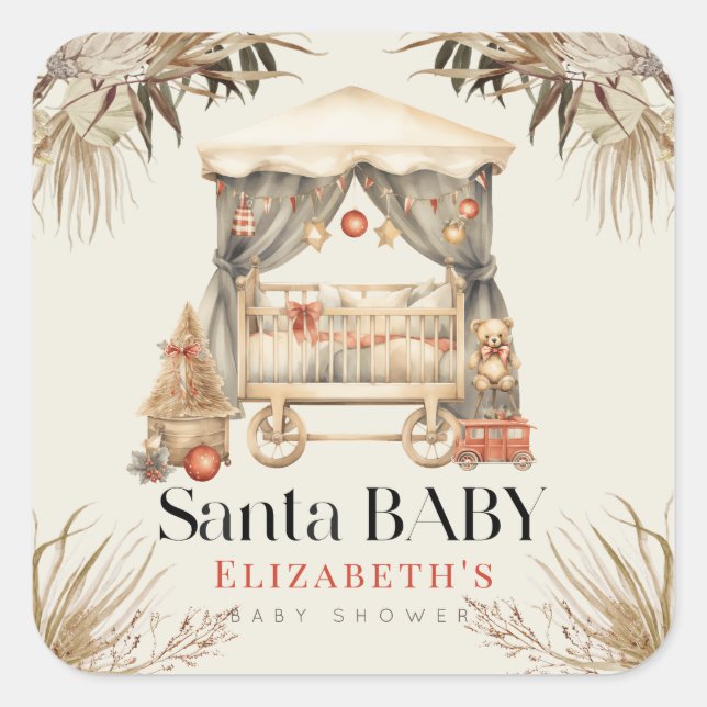 Boho Santa Baby Weihnachtskrippe Kinderdusche Quadratischer Aufkleber (Vorderseite)