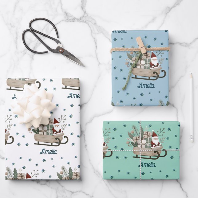 Boho Santa on Sleigh mit Geschenken Schneeflocken  Geschenkpapier Set (Vorderseite)