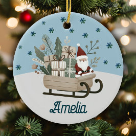 Boho Santa on Sleigh mit Geschenken Schneeflocken Keramik Ornament