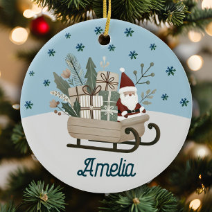 Boho Santa on Sleigh mit Geschenken Schneeflocken Keramik Ornament