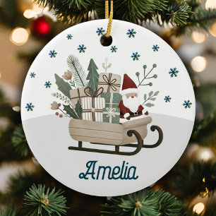 Boho Santa on Sleigh mit Geschenken Schneeflocken Keramik Ornament
