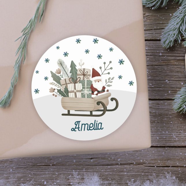 Boho Santa on Sleigh mit Geschenken Schneeflocken  Runder Aufkleber (Von Creator hochgeladen)