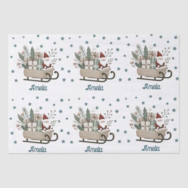 Boho Santa on Sleigh mit Geschenken Schneeflocken  Seidenpapier (Vorderseite)