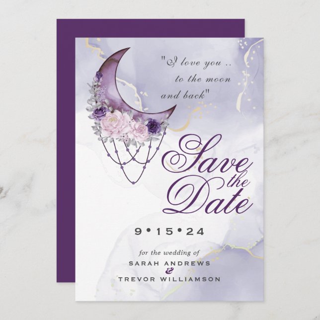 Boho Save the Date Dusty Lila Crescent Moon Einladung (Vorne/Hinten)