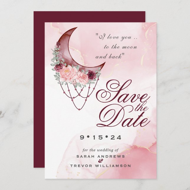 Boho Save the Date Pink Maroon Crescent Moon Einladung (Vorne/Hinten)