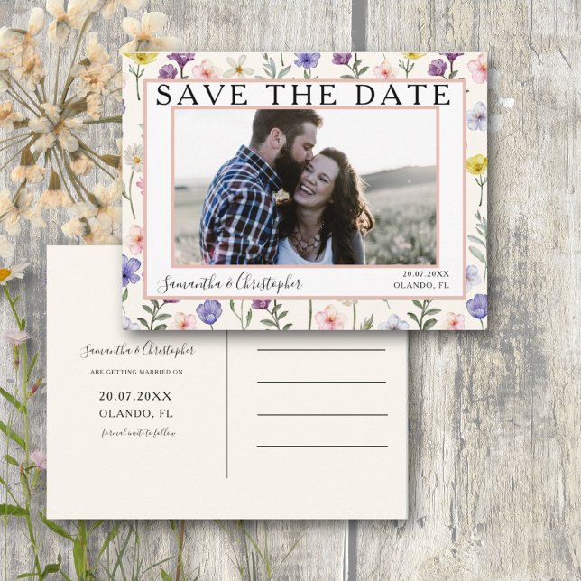 Boho Save the Date Wildblume & Foto Postkarte (Von Creator hochgeladen)