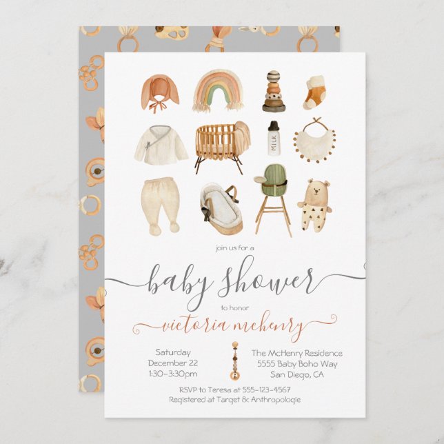 Boho Scandi Baby Shower Einladung (Vorne/Hinten)