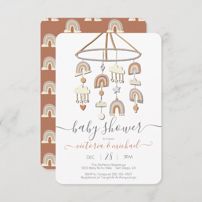 Boho Scandi Rainbow Mobile Baby Shower Einladung (Vorne/Hinten)