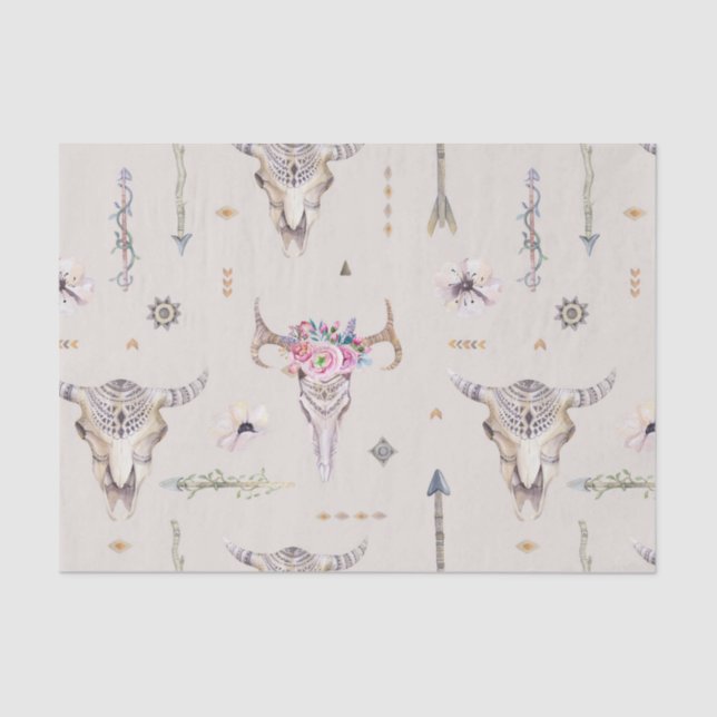 Boho Schädel, Blumen und Pfeil-Muster Seidenpapier (Vorderseite)