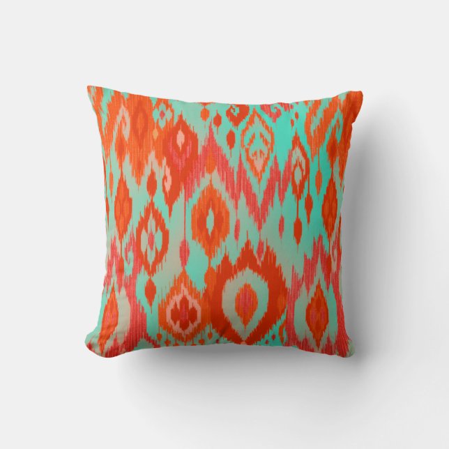 Boho schicke Ikat Türkis orange Rotes Kissen (Vorderseite)