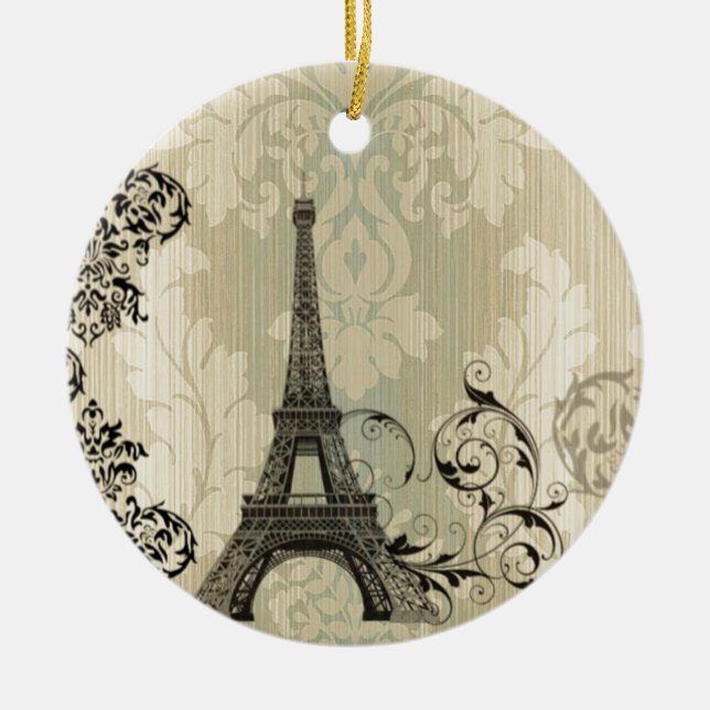 Boho schicker beige Damast-Paris-Eiffelturm Keramikornament (Vorne)