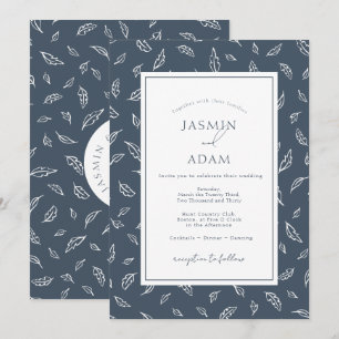 Boho Schieferblau Blatt Monogramm Hochzeit Einladung