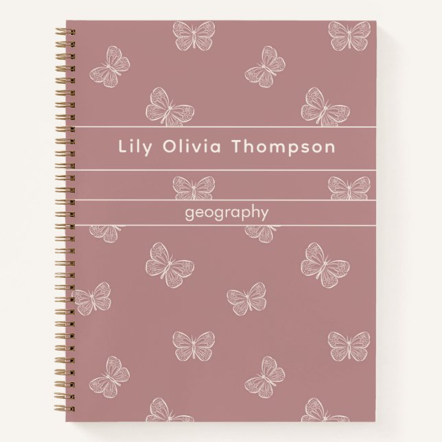 Boho-Schmetterling-Muster-Schulmädchen-Name Mauve Notizbuch (Vorderseite)