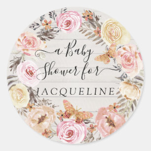 Boho Schmetterling Rosa Weißer Wald Floral Wreath Runder Aufkleber