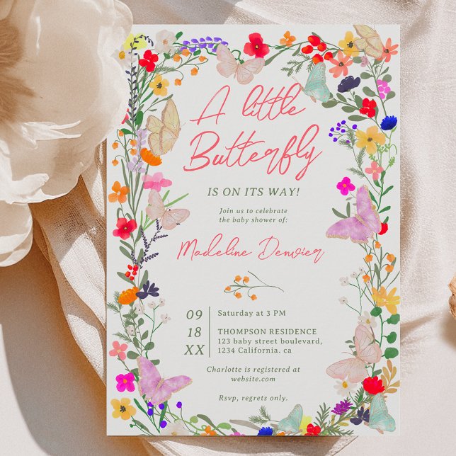 Boho Schmetterling Wiese Wildblume Babydusche Einladung (Boho butterfly meadow wildflower baby shower invitation)