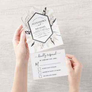 Boho Schwarz-weiß Beige Botanical Wedding RSVP All In One Einladung