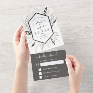 Boho Schwarz-weiß Beige Botanical Wedding RSVP All In One Einladung