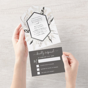 Boho Schwarz-weiß Beige Botanische Hochzeit All In One Einladung