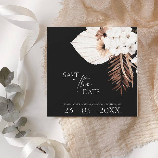 Boho Schwarz-weiß Brown Pampas Grass Wedding Save The Date (Von Creator hochgeladen)