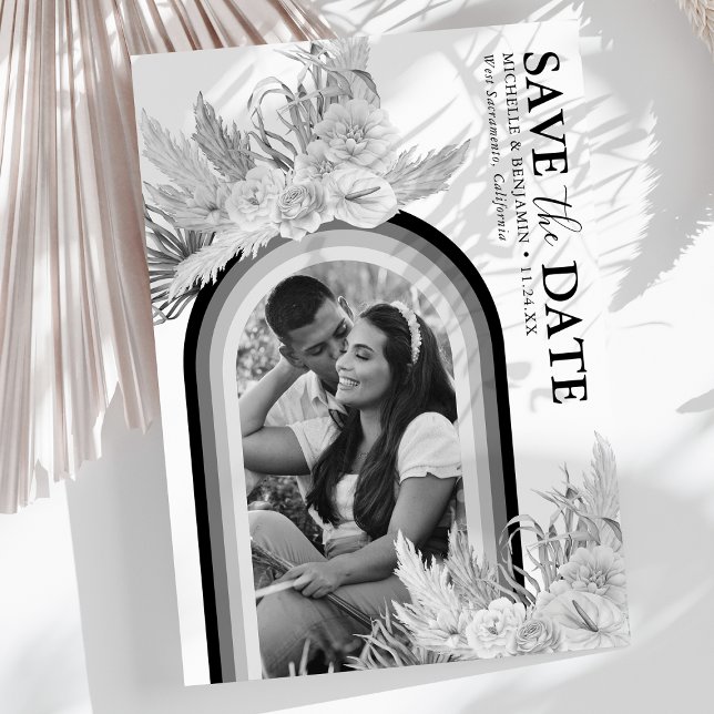 Boho Schwarz-weiß Floral Foto Save the Date (Von Creator hochgeladen)