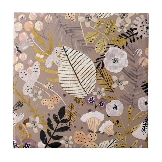 Boho Schwarz-weiß Gold Peach Line Gezeichnet Leaf  Fliese (Vorderseite)