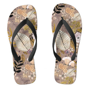 Boho Schwarz-weiß Gold Peach Line Gezeichnet Leaf  Flip Flops