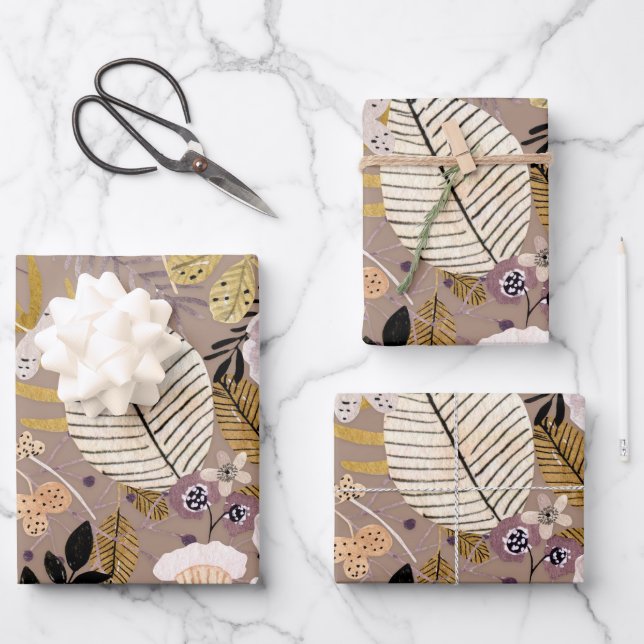 Boho Schwarz-weiß Gold Peach Line Gezeichnet Leaf  Geschenkpapier Set (Vorderseite)