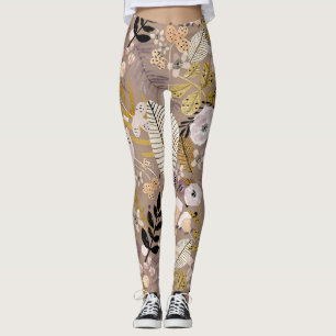 Boho Schwarz-weiß Gold Peach Line Gezeichnet Leaf  Leggings