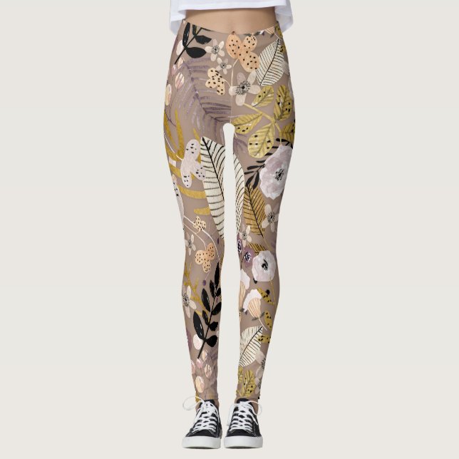 Boho Schwarz-weiß Gold Peach Line Gezeichnet Leaf  Leggings (Vorderseite)