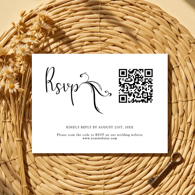 Boho Schwarz-weiß Wedding QR Code Budget RSVP Card Mitteilungskarte (Von Creator hochgeladen)