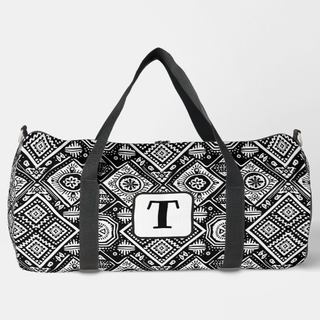 Boho Schwarz-weißes ethnisches Muster 3 Duffle Bag (Vorderseite)