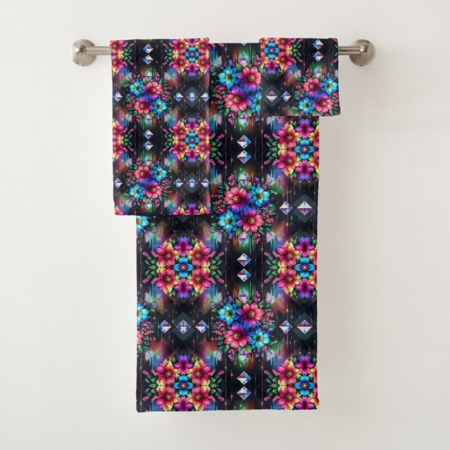 Boho Schwarze Blumen Regenbogen Badhandtuch Set (Insitu)