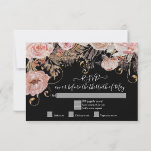 Boho Schwarze Florale Rosa Rosen Gold RSVP Benutze Karte