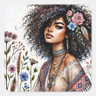 Boho Schwarze Frau mit lockigem Haar Aquarell Quadratischer Aufkleber