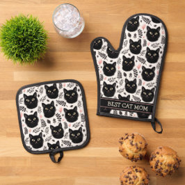 Boho Schwarze Katzen und Blätter Muster Beste Mama Ofenhandschuh & Topflappen-Set
