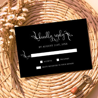 Boho Script Black Wedding Kindly Replay RSVP Cards