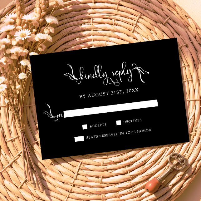 Boho Script Black Wedding Kindly Replay RSVP Cards Karte (Von Creator hochgeladen)