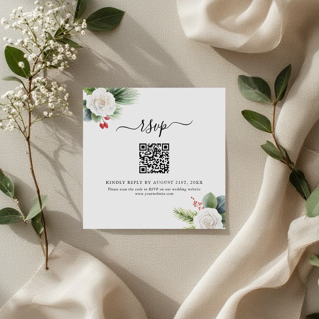 Boho Script Greenery QR Code Wedding RSVP Cards Mitteilungskarte (Von Creator hochgeladen)