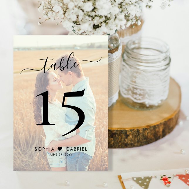 Boho Script Heart Foto Wedding Double Side Tischnummer (Von Creator hochgeladen)