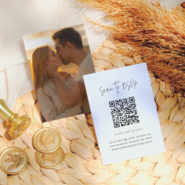 Boho Script Modern QR Code Foto Wedding RSVP Begleitkarte (Von Creator hochgeladen)