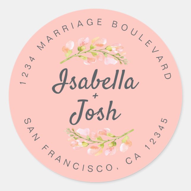 Boho Script Pink Floral Wedding Rücksendeadresse Runder Aufkleber (Vorderseite)