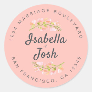 Boho Script Pink Floral Wedding Rücksendeadresse Runder Aufkleber