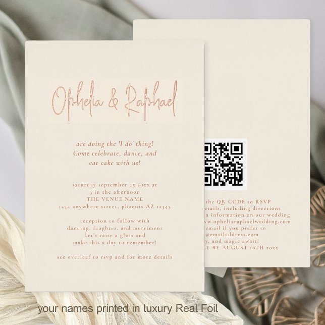 Boho-Script- QR-Code-Cream-Hochzeit-Luxus-Echt Folieneinladung (Front and Back View. Luxury real foil for names in rose gold, gold or silver)
