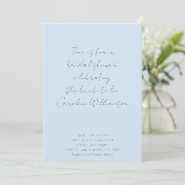 Boho-Script Soft-Blue-Moderne-Brautparty-Einladung Einladung (Stehend Vorderseite)