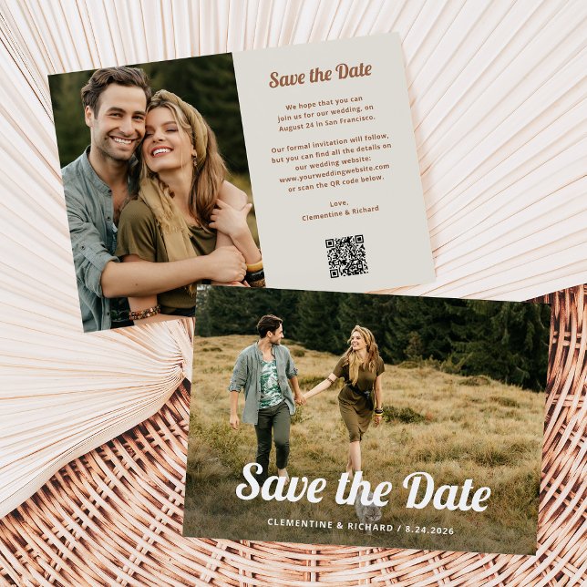 Boho Script | Zwei Foto- und QR-Code Save The Date (A trendy, retro save the date card with two photos and a scannable QR code)