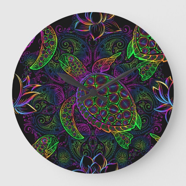 Boho Sea Turtle: Psychedelic Mandala Pattern Große Wanduhr (Vorderseite)