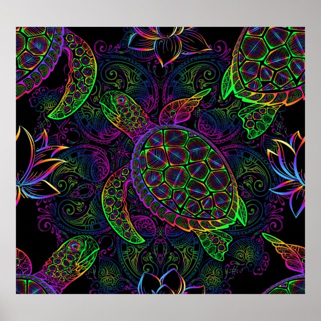 Boho Sea Turtle: Psychedelic Mandala Pattern Poster (Vorne)