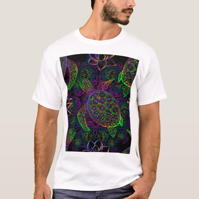 Boho Sea Turtle: Psychedelic Mandala Pattern T-Shirt (Vorderseite)